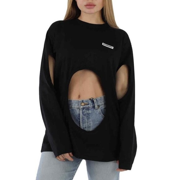 FX01425B New Burberry Ladies Black Cutout Swan Print Oversized Top - Picture 1 of 6